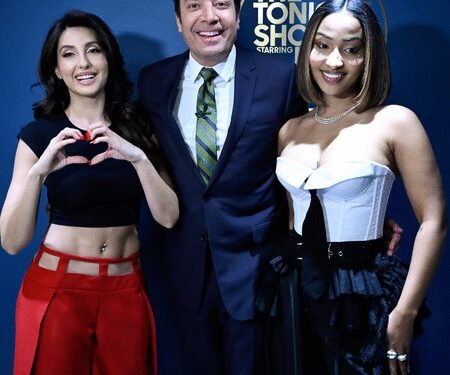 Nora Fatehi poses with Jimmy Fallon as she makes her debut on ‘The Tonight Show’