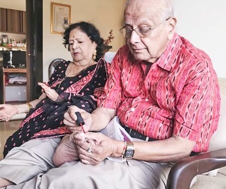 Shriya Pilgaonkar shares pictures of grandfather applying nail paint on grandmother’s feet