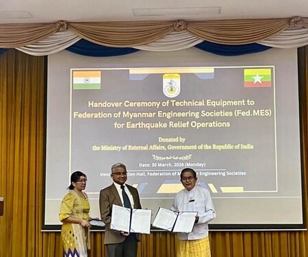 India hands over post-earthquake building inspection equipment to Myanmar