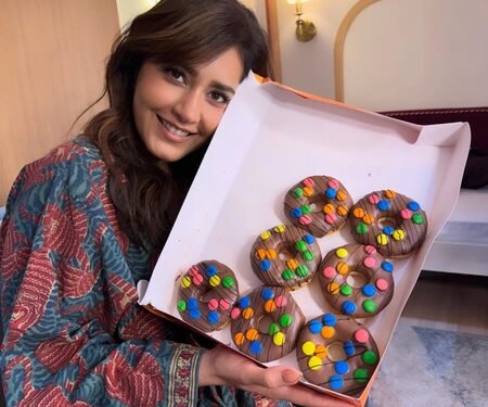 Raashii Khanna enjoys a sweet surprise by Vidya Balan on the sets of Anees Bazmee’s next