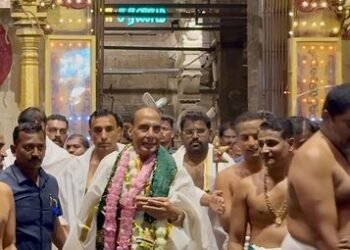 ‘Feeling blessed’: Rajnath Singh offers prayers at Subramanya Swami temple in TN