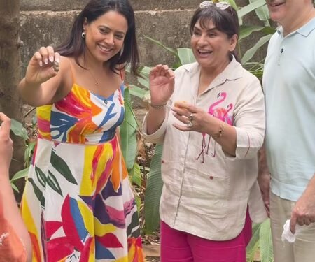 Archana Puran Singh enjoys first cashew fruit experience at Sameera Reddy’s Goa house