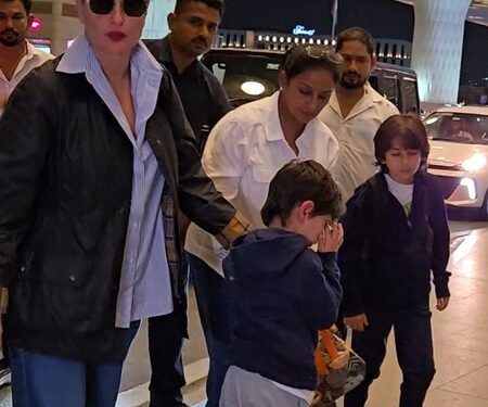 Taimur says bye to security, sleepy Jeh almost rams into bollard during midnight flight with Kareena Kapoor