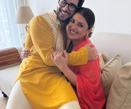 Parents to be Aditya Seal & Anushka Ranjan are all smile during a traditional Godhbharai