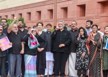 Oppn MPs in black protest outside Parliament House over NEET paper leak, police cruelty