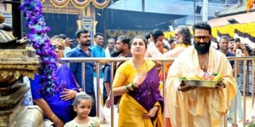 Rishab Shetty offers prayers at Kollur Mookambika temple with family