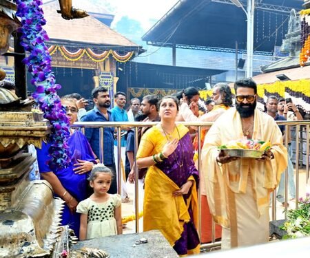 Rishab Shetty offers prayers at Kollur Mookambika temple with family