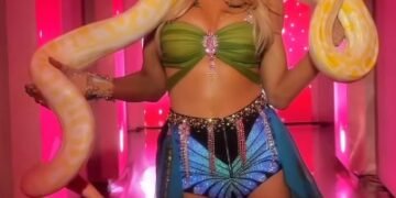 Paris Hilton recreates Britney Spears’ iconic 2001 VMA moment posing with faux python